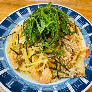 海老と舞茸の明太子パスタ